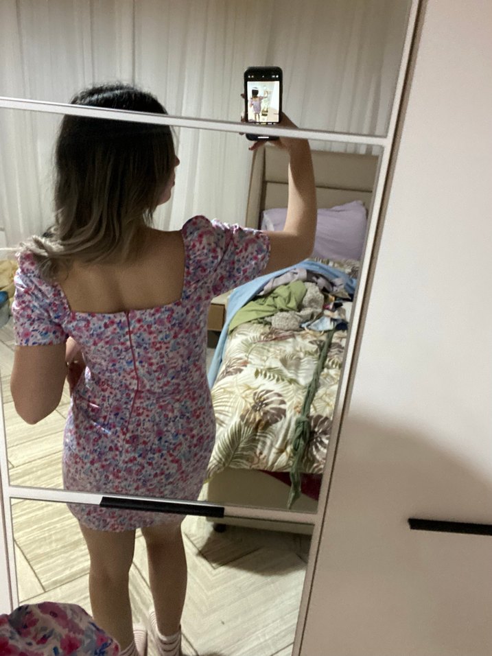 Pembe Midi Bağlama Desenli Kadın Elbise - Görsel 3