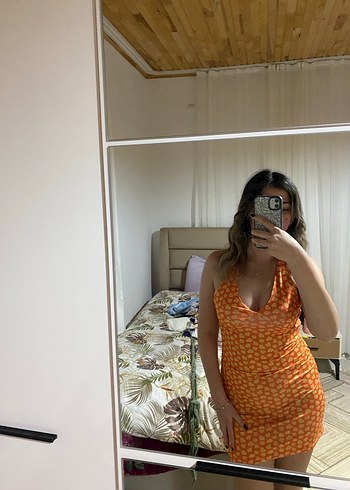 Turuncu V Yaka Midi Bohem Elbise - Görsel 3