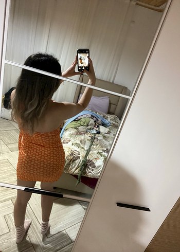 Turuncu V Yaka Midi Bohem Elbise - Görsel 4