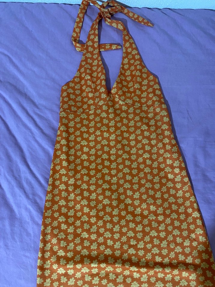 Turuncu V Yaka Midi Bohem Elbise - Görsel 5