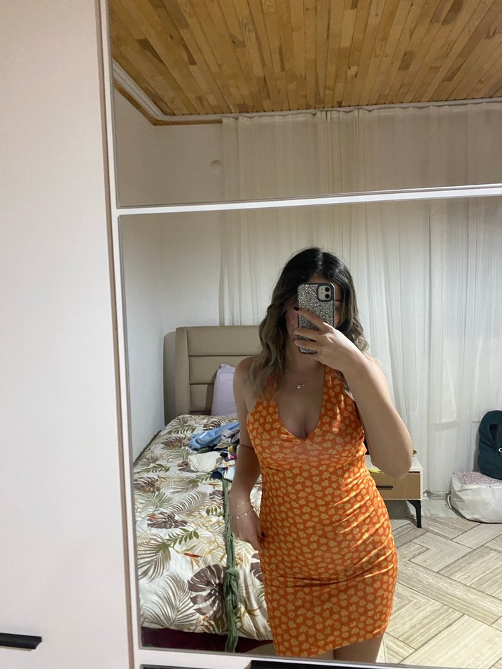 Turuncu V Yaka Midi Bohem Elbise - Görsel 2