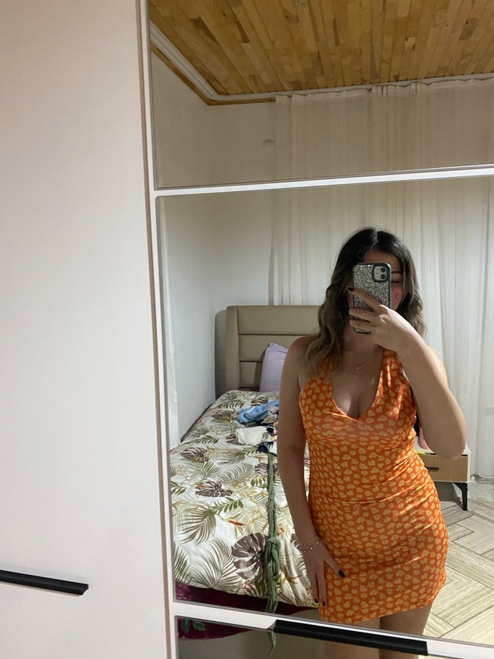 Turuncu V Yaka Midi Bohem Elbise - Görsel 3