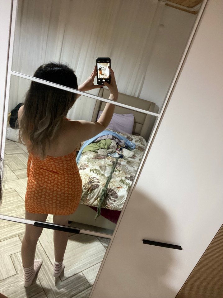 Turuncu V Yaka Midi Bohem Elbise - Görsel 4