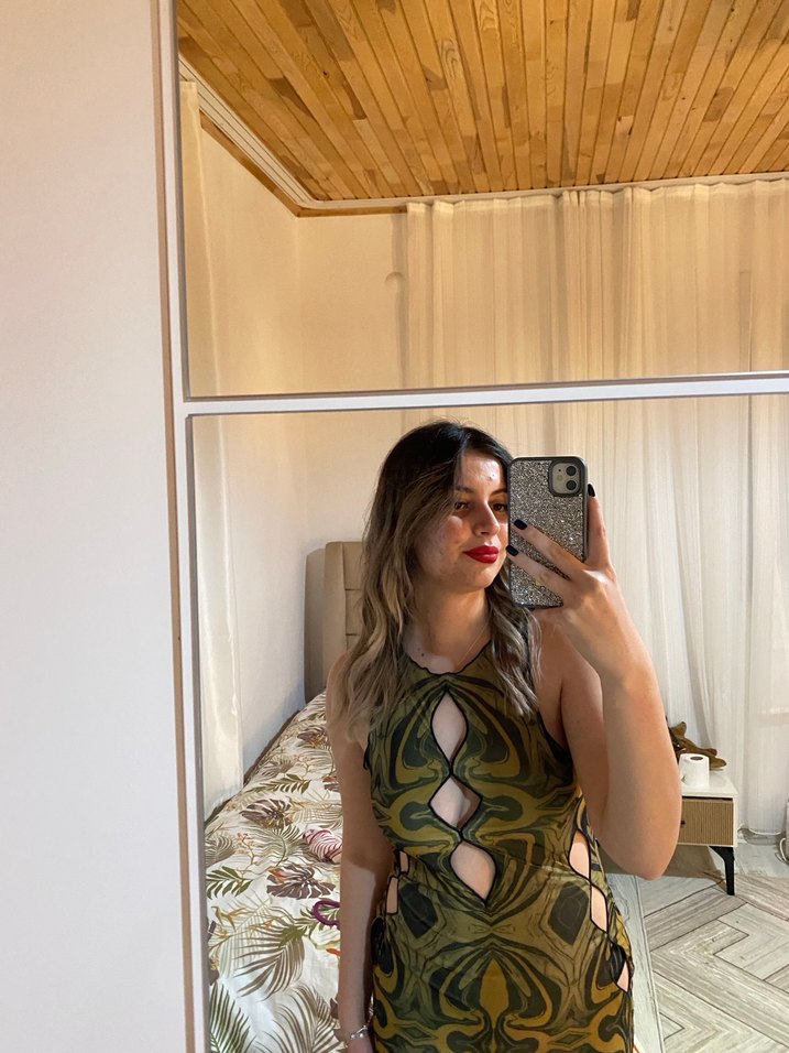 Askılı Yılan Desenli Midi Bohem Elbise - Görsel 2