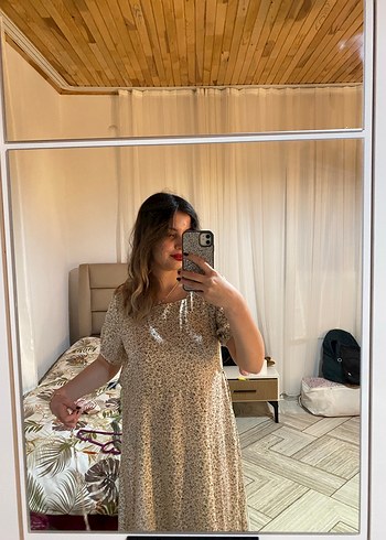 Bej V Yaka Midi Bohem Elbise - Görsel 4