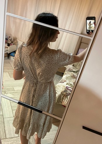 Bej V Yaka Midi Bohem Elbise - Görsel 3