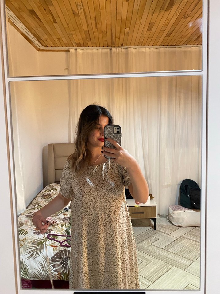 Bej V Yaka Midi Bohem Elbise - Görsel 4