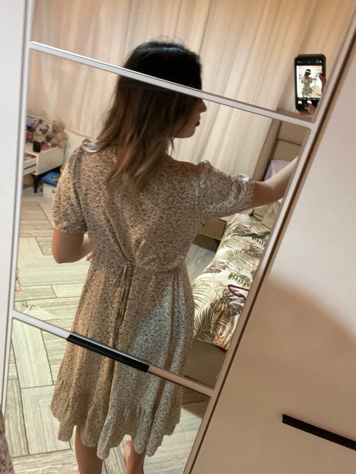 Bej V Yaka Midi Bohem Elbise - Görsel 3