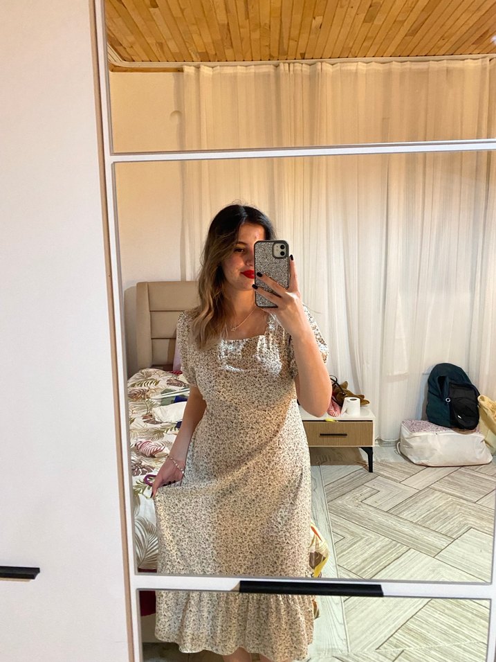 Bej V Yaka Midi Bohem Elbise - Görsel 2