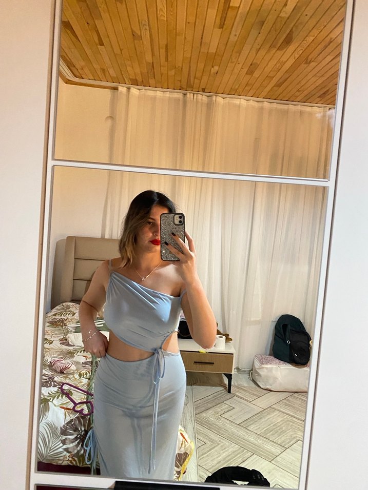 Mavi Straplez Midi Denim Elbise - Görsel 5