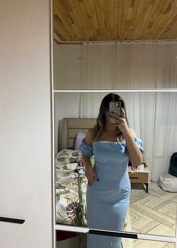 Mavi Straplez Midi Denim Elbise - Görsel 3