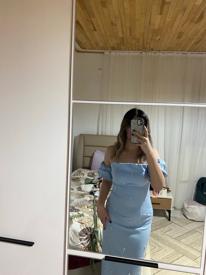 Mavi Straplez Midi Denim Elbise - Görsel 4