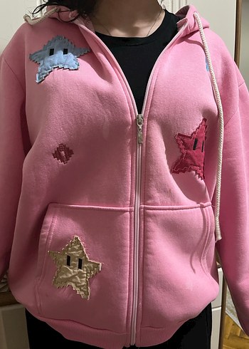 l Beden Pembe Nakışlı Fermuarlı Sweatshirt Kapüşonlu Ceket