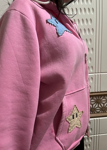 l Beden pembe Renk Pembe Nakışlı Fermuarlı Sweatshirt Kapüşonlu Ceket
