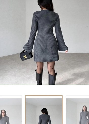 Kadın Gri Fitilli Kışlık Mini Triko Elbise - Görsel 2