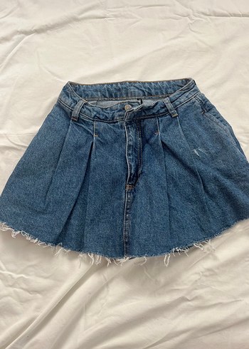 Mavi Pileli Kadın Mini Denim Etek