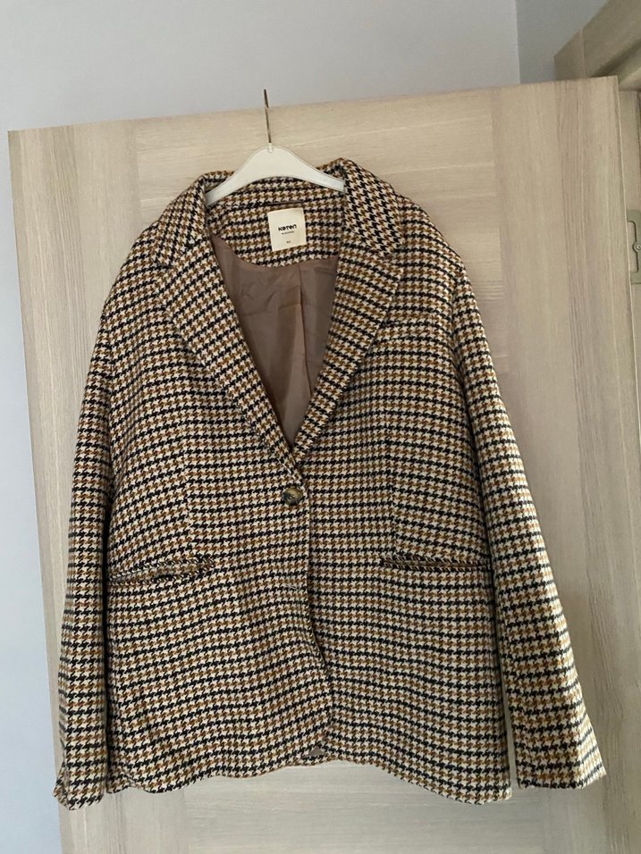 Düğmeli Kahverengi Ekose Kadın Blazer Ceket - Görsel 2