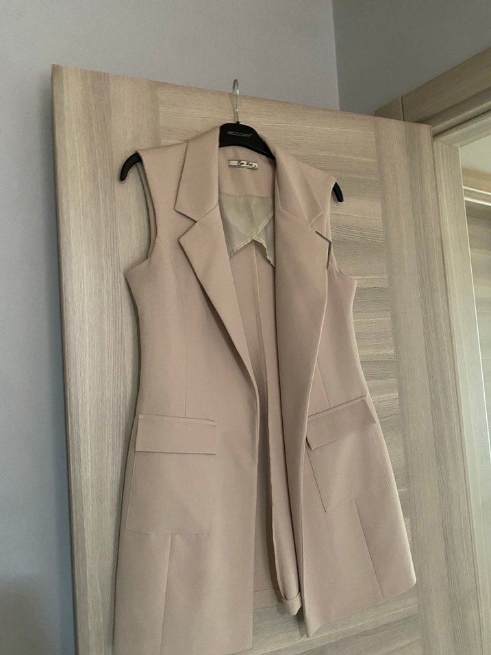 Bej Düğmeli Kolsuz Midi Ofis Yeleği - Görsel 2