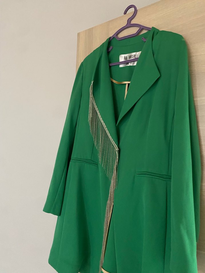 Yeşil Dökümlü Uzun Kadın Blazer - Görsel 2