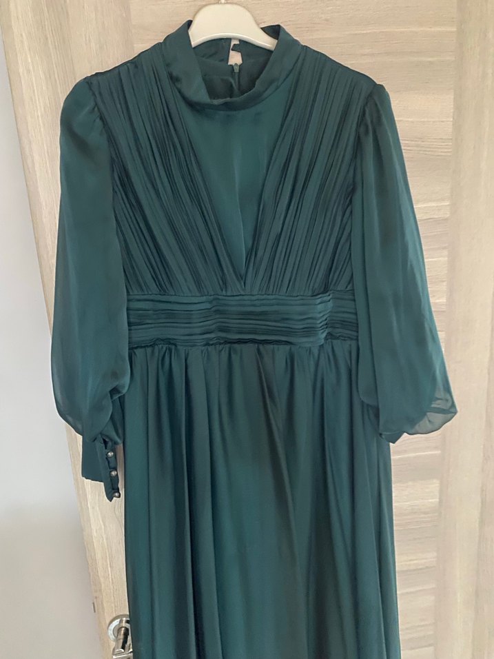 Uzun Kollu Drapeli Koyu Yeşil Abiye Elbise - Görsel 3