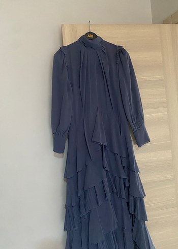 Uzun Kollu Lacivert Fırfırlı Kadın Elbise - Görsel 3