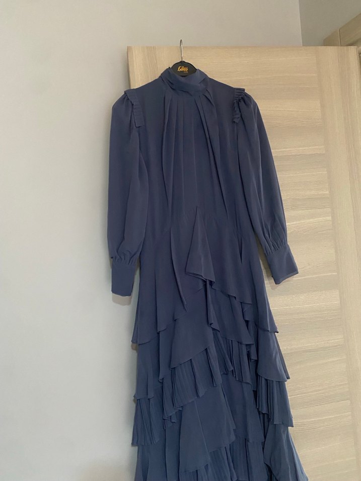 Uzun Kollu Lacivert Fırfırlı Kadın Elbise - Görsel 3