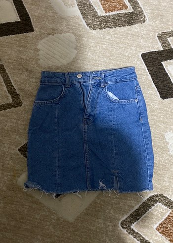Koyu Mavi Kemer Detaylı Denim Mini Etek