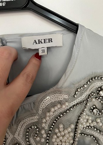 m Beden Saten Gri İnci İşlemeli Gömlek