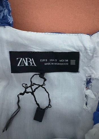 Zara Zara Mavi Bağlama Desenli Fırfırlı Midi Elbise