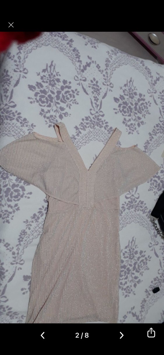 Bej V Yaka Pilili Mini Abiye Elbise - Görsel 2