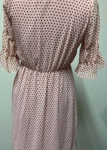 s Beden Bej Puantiyeli Fırfırlı Vintage Elbise