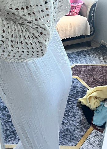 Bol Kesim Beyaz Keten Midi Pantolon - Görsel 2