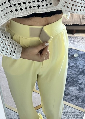 Sarı Midi Kumaş Kadın Pantolon - Görsel 3