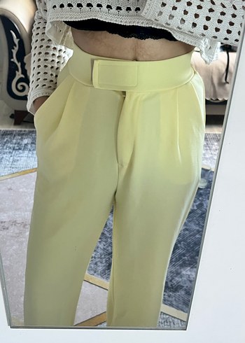 Sarı Midi Kumaş Kadın Pantolon - Görsel 4