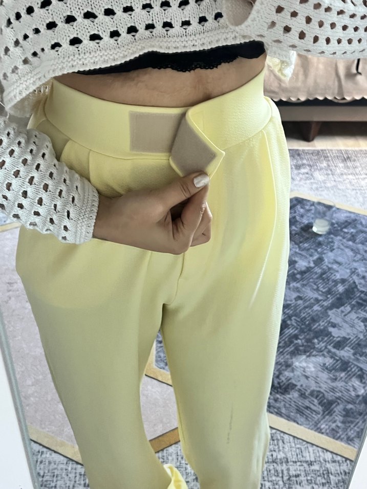 Sarı Midi Kumaş Kadın Pantolon - Görsel 3