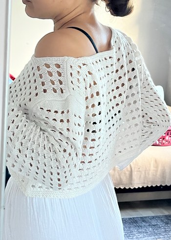 Beyaz Transparan Örgü Bohem Kazak - Görsel 4