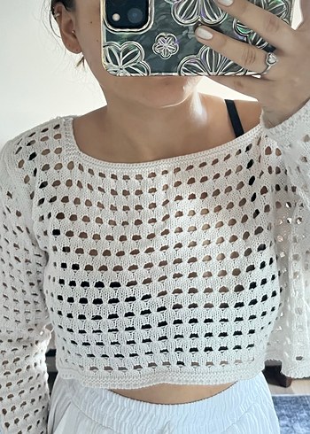 Beyaz Transparan Örgü Bohem Kazak - Görsel 2