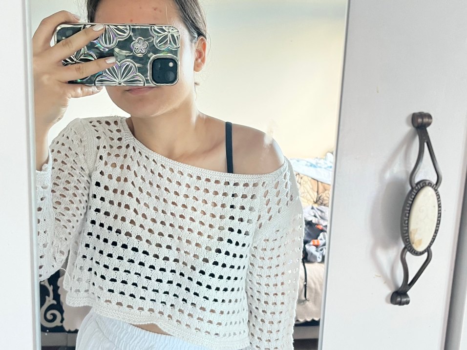 Beyaz Transparan Örgü Bohem Kazak - Görsel 3