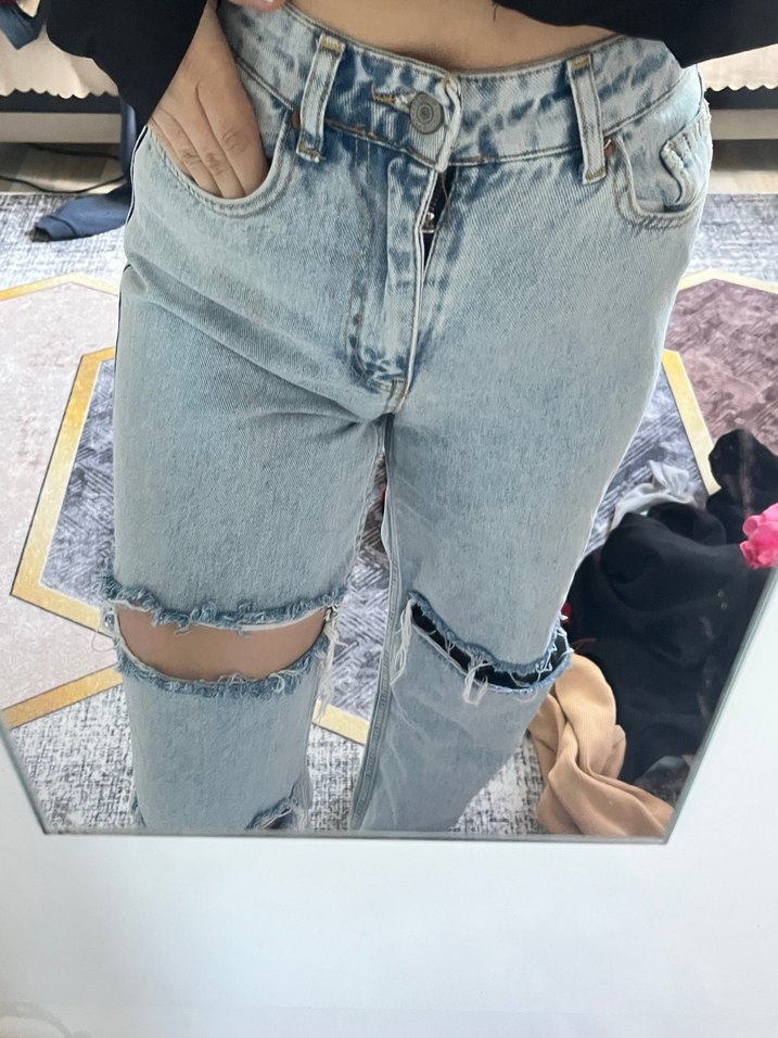 Kadın Mavi Yırtık Midi Kot Pantolon - Görsel 2