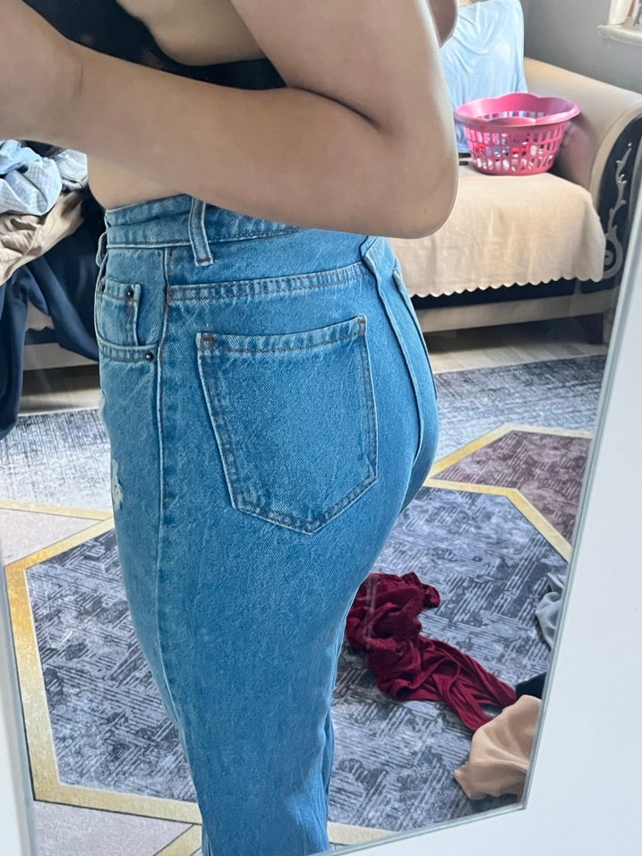 Düğmeli Açık Mavi Bol Kesim Kadın Midi Kot Pantolon - Görsel 2