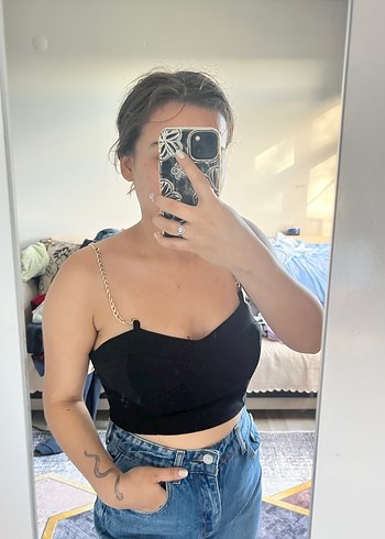 Siyah Parlak Zincir Askılı Denim Büstiyer - Görsel 5