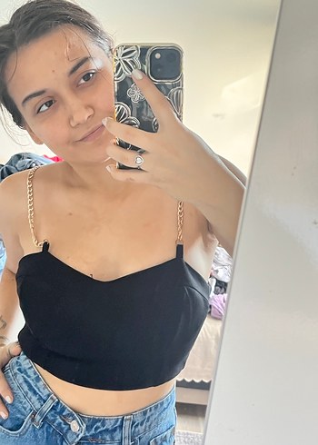 Siyah Parlak Zincir Askılı Denim Büstiyer - Görsel 4