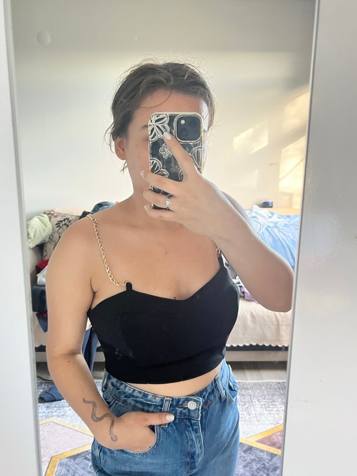 Siyah Parlak Zincir Askılı Denim Büstiyer - Görsel 5