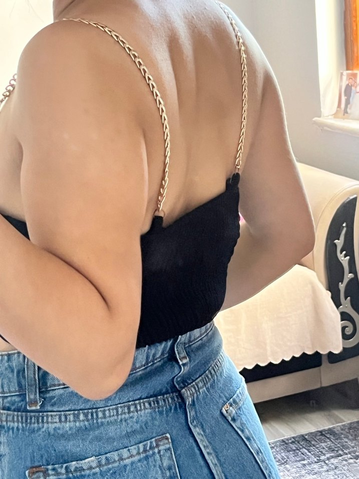 Siyah Parlak Zincir Askılı Denim Büstiyer - Görsel 3
