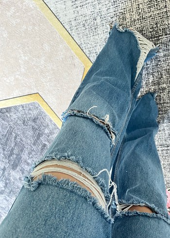 Kadın Mavi Cepkenli Salaş Midi Kot Pantolon - Görsel 3