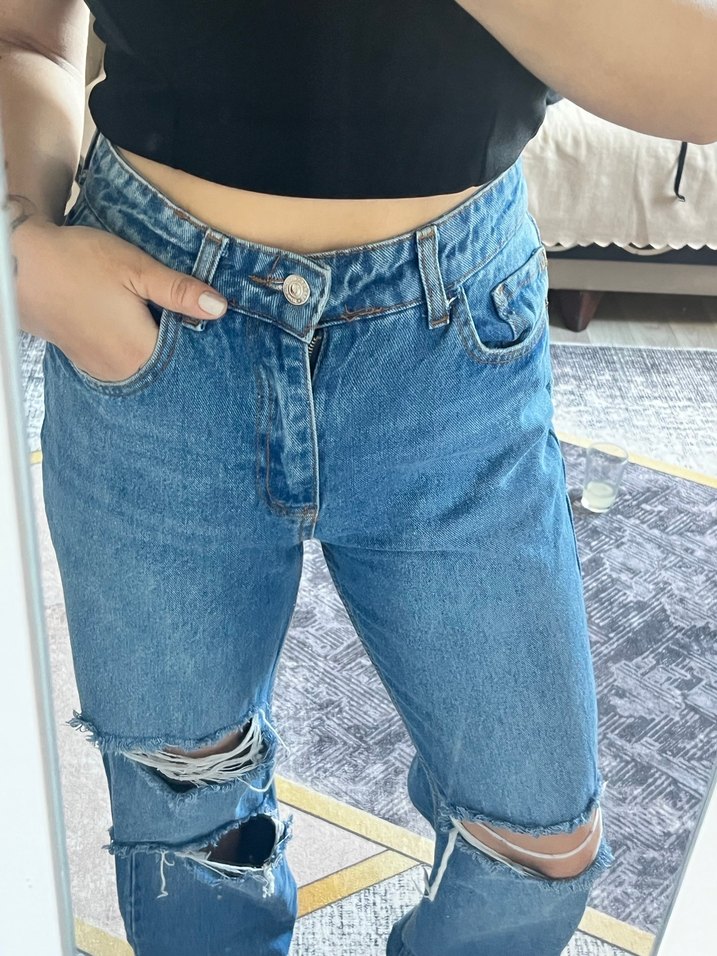 Kadın Mavi Cepkenli Salaş Midi Kot Pantolon - Görsel 2