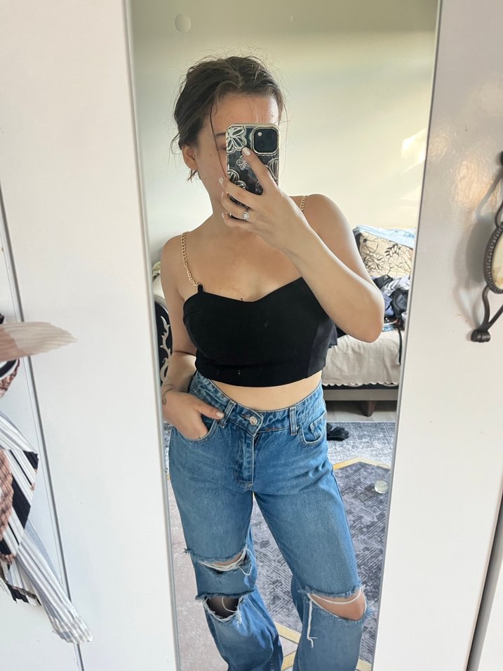 Kadın Mavi Cepkenli Salaş Midi Kot Pantolon - Görsel 4