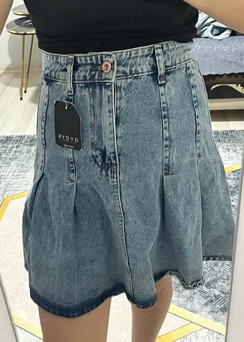 Batik Desenli Pileli Kot Mini Etek - Görsel 4