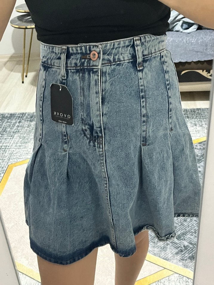 Batik Desenli Pileli Kot Mini Etek - Görsel 4