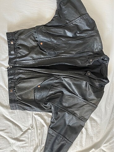 Siyah vintage oversize deri ceket gerçek deri